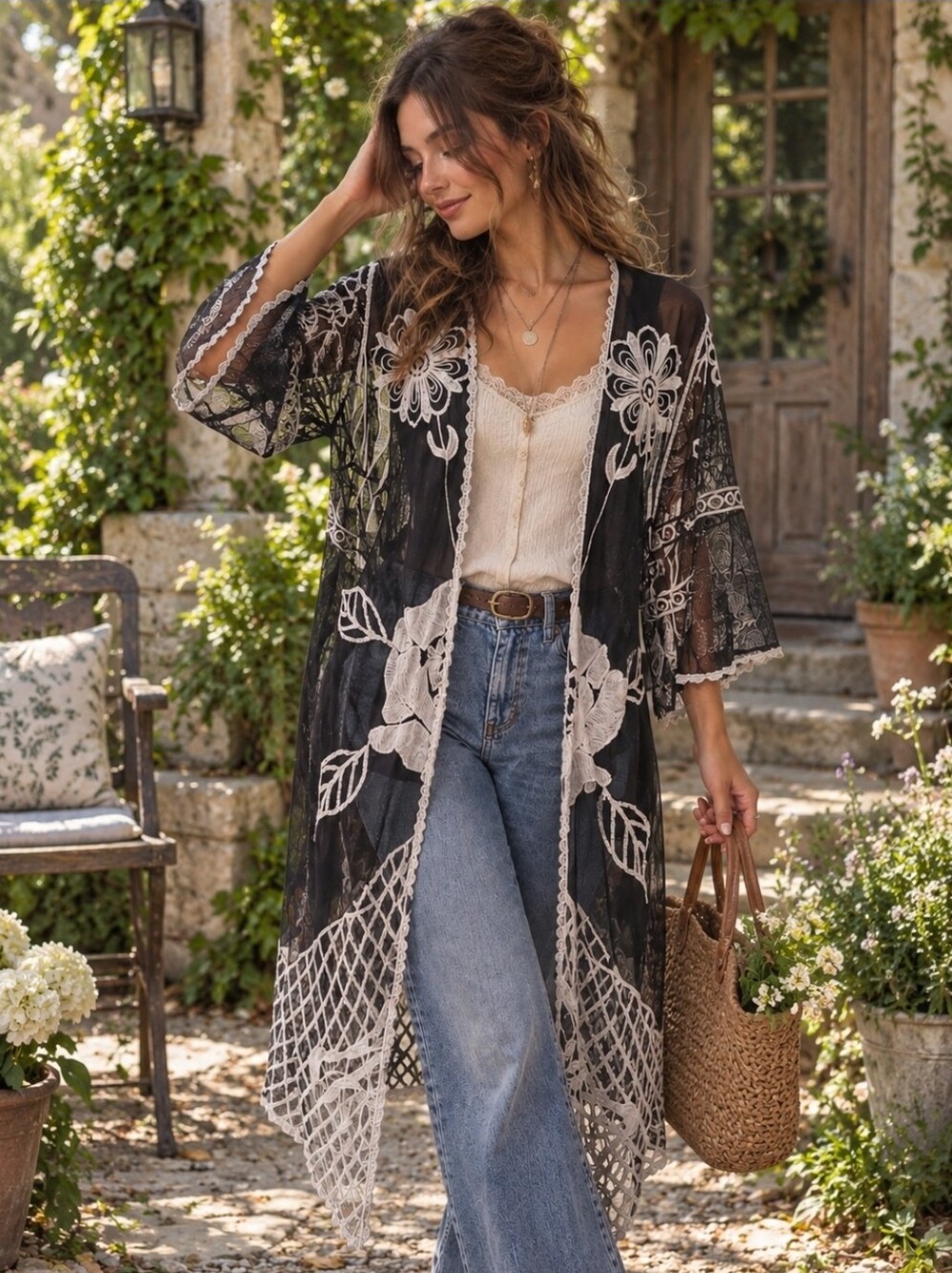 Bohemian Whimsigoth Black Sheer Mesh Kimono with White Floral Embroidery Size M